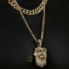 3pc Men's Gold Plated Cz Thick Lion Face w/ Cz Cuban & Thin Tennis Chain 22"/24