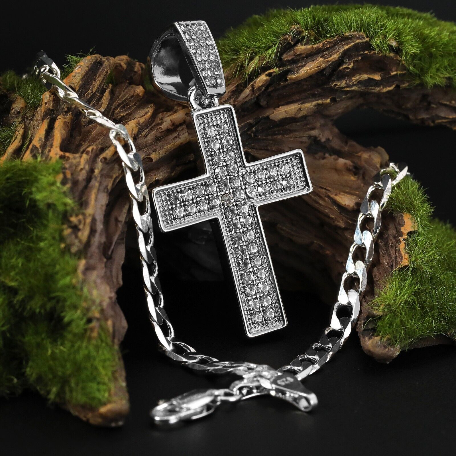 Cubic-Zirconia Two Row Cross Pendant Silver Plated Cuban Choker 18" Chain