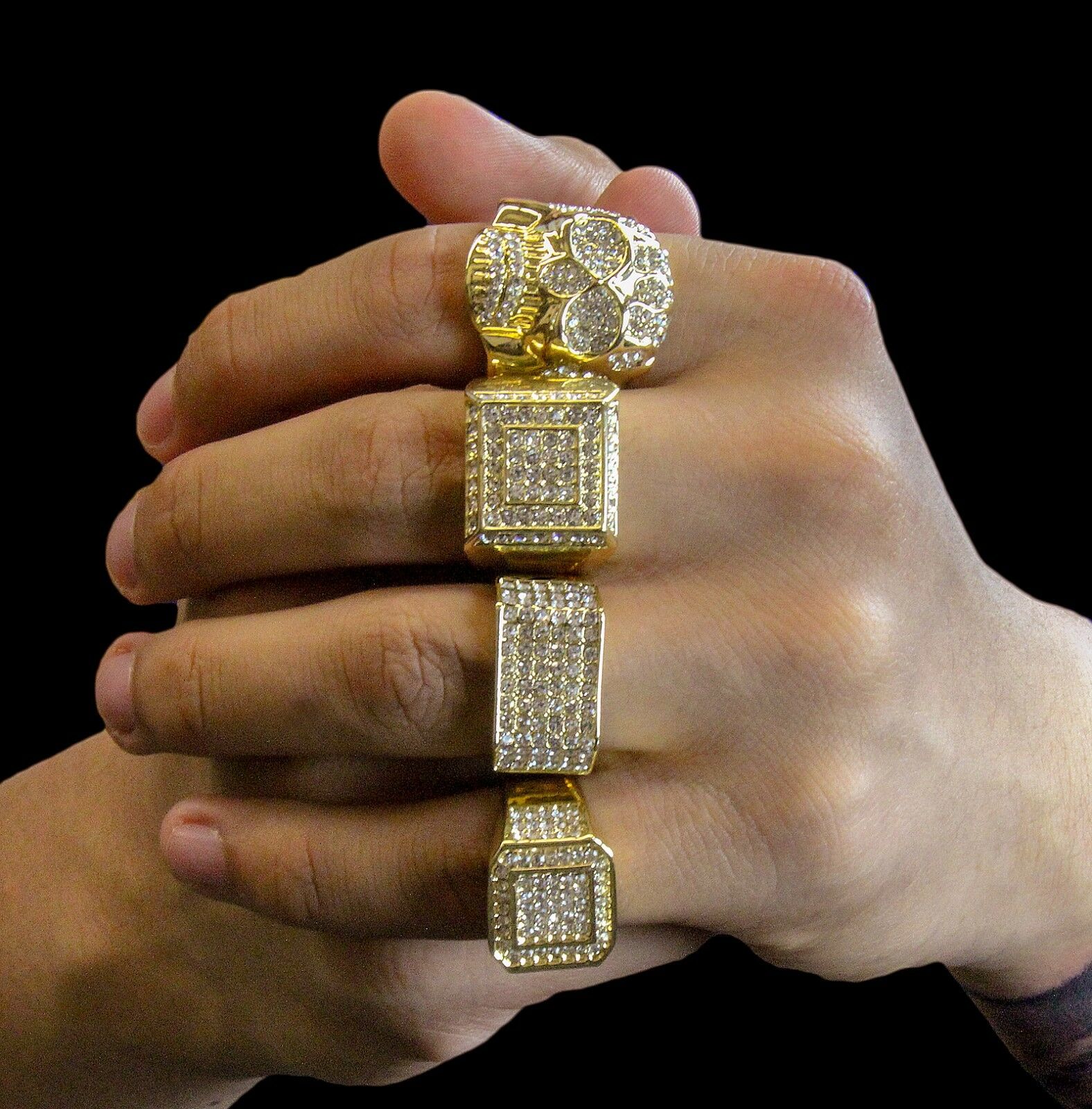 6 Row Rectangle Iced Out 4pcs Ring Set Bundle