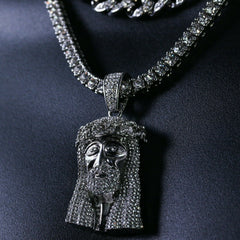 3pc Men's Silver Plated Cz Thick Jesus Crown w/ Cz Cuban & Tennis Chain 18"/20"