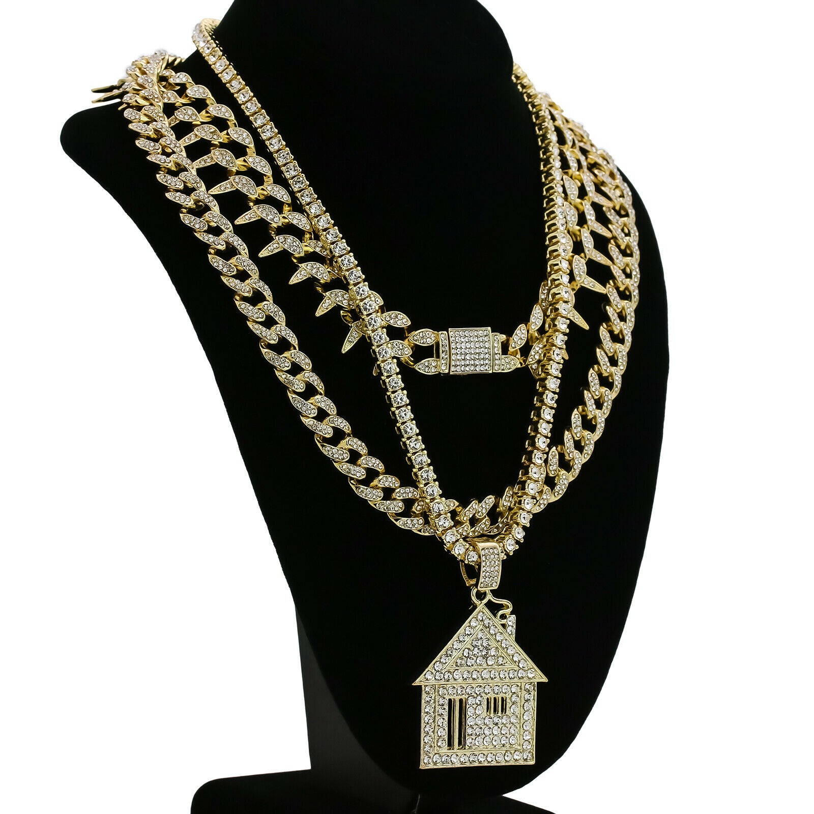 Big House Cz 4 Pcs Set Exotic Cuban, Tennis & Miami Cuban Chain Bundle Gold PT
