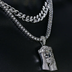 3pc Men's Silver Plated Cz Thick Jesus Crown w/ Cz Cuban & Tennis Chain 18"/20"