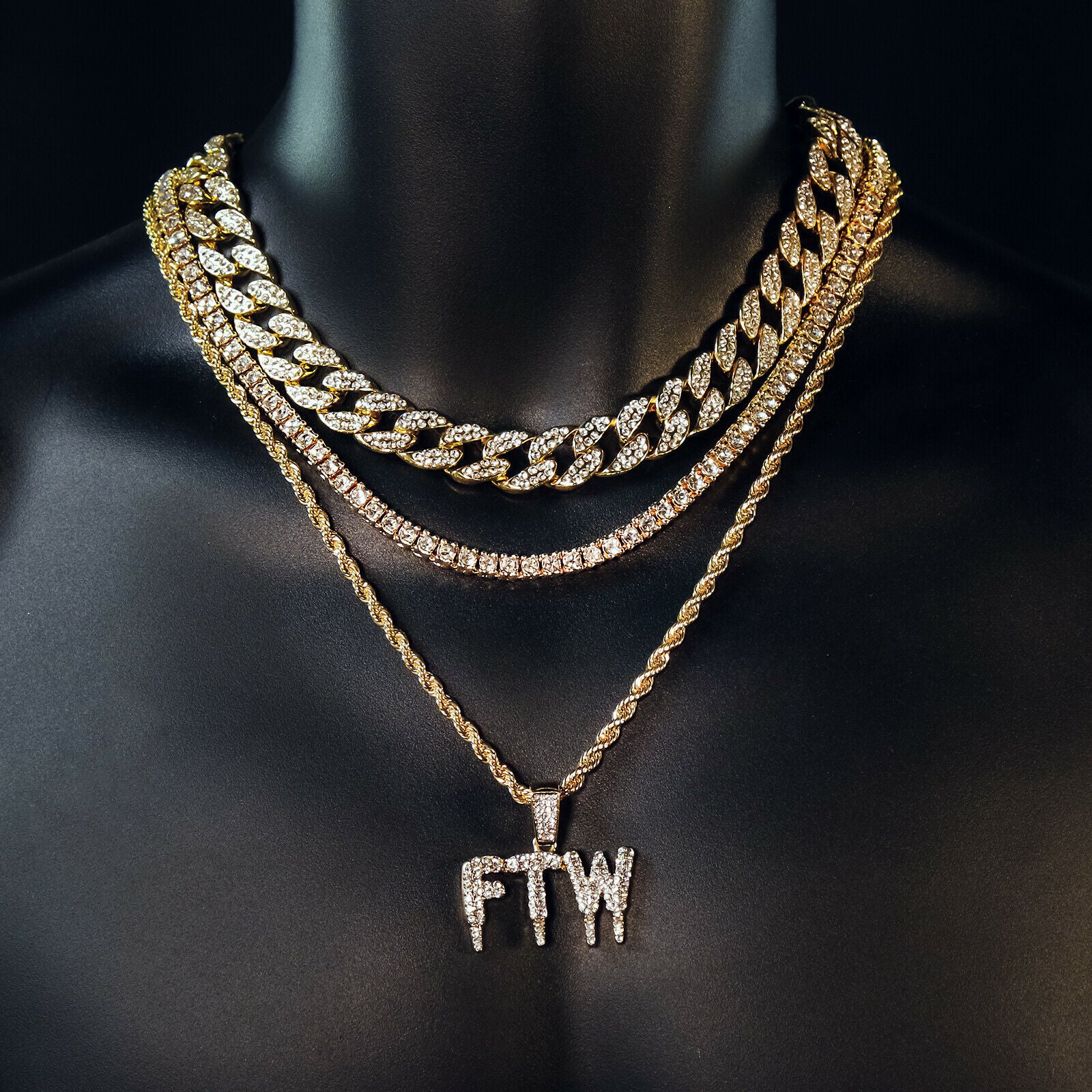 FTW Drip 4 Pcs Set Cuban, Tennis & Rope Chain Bundle Gold PT