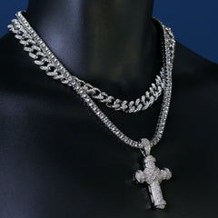 3pc Men's Silver Plated Cz Thick Staple X Cross w/ Cz Cuban & Tennis Chain 18"/20"