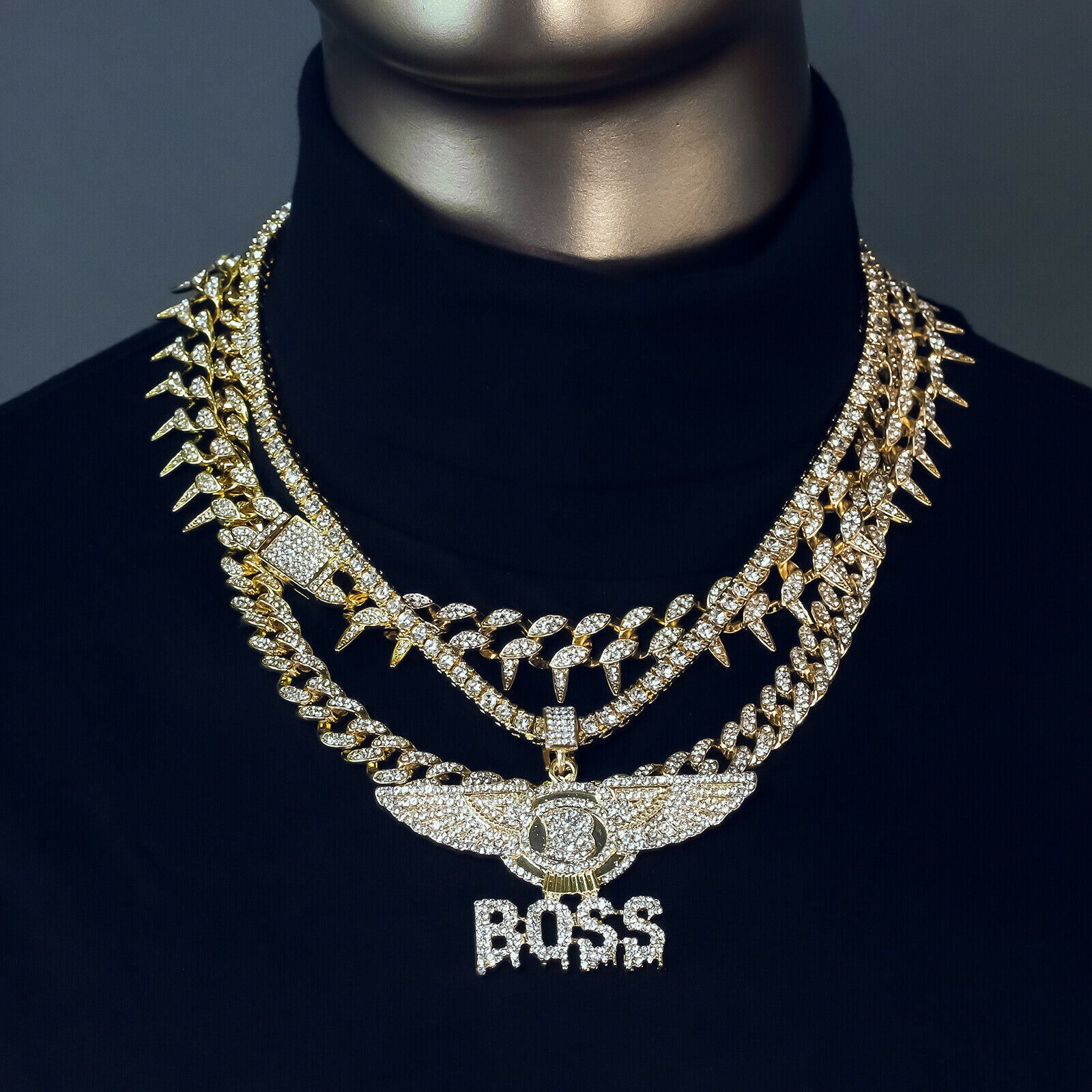 Boss Drip Letter Cz 4 Pcs Set Exotic Cuban, Tennis & Miami Cuban Chain Bundle Gold PT