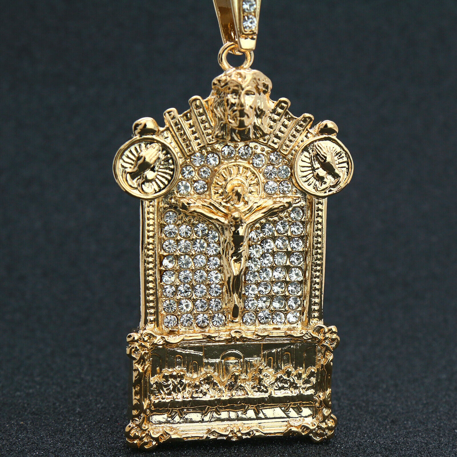 3pc Set Large Jesus Temple Gold Pt 18,20" Fully Cz Hip Hop 3 Tone Cuban Choker Chain
