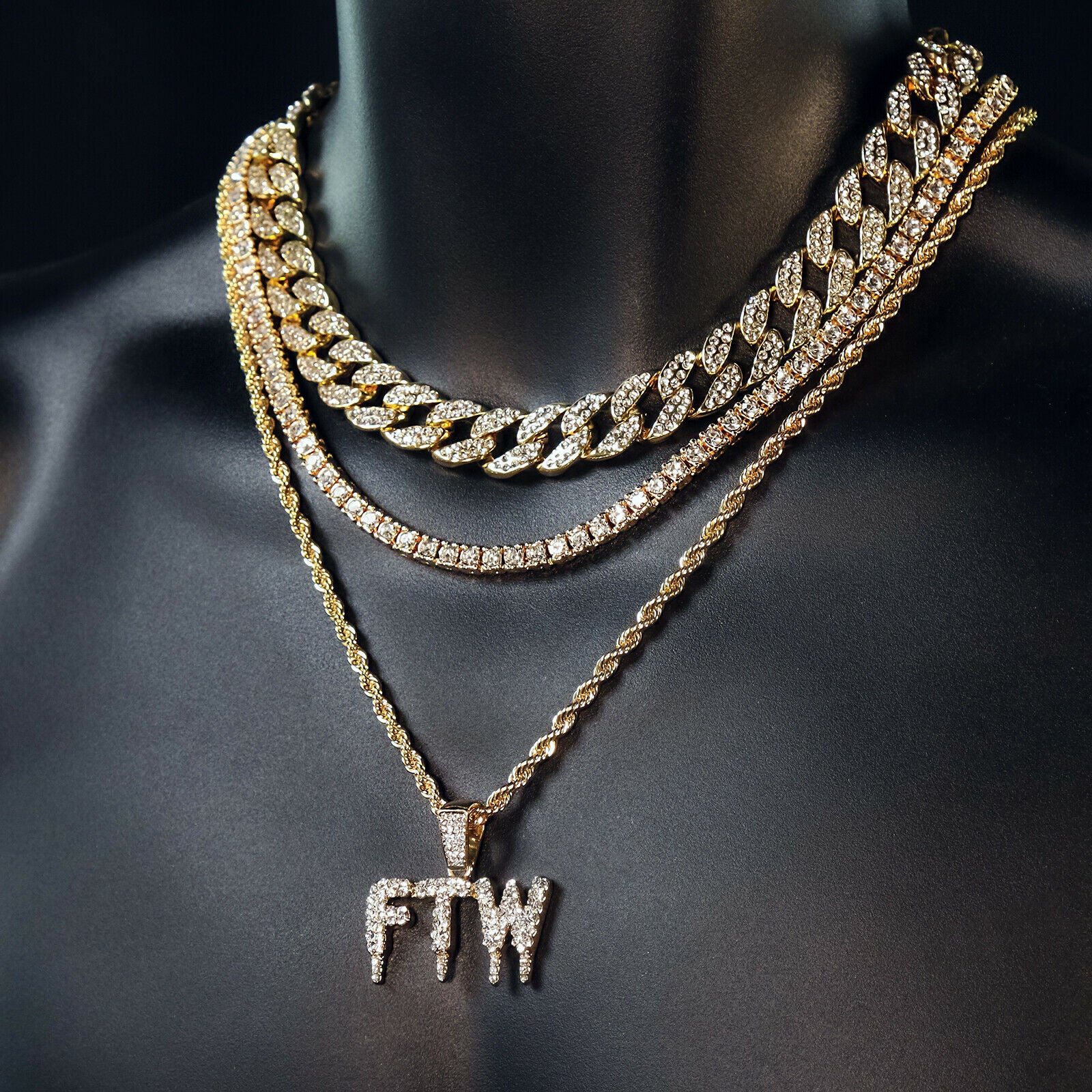 FTW Drip 4 Pcs Set Cuban, Tennis & Rope Chain Bundle Gold PT