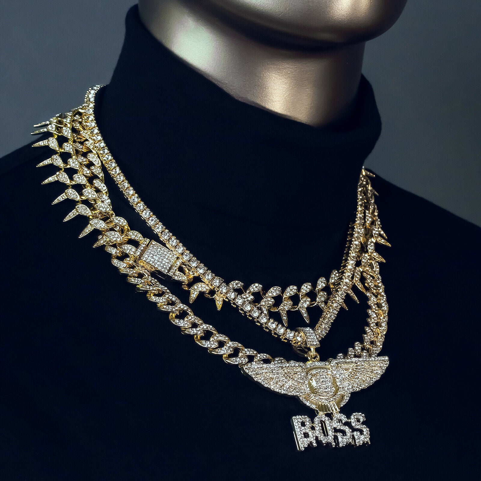 Boss Drip Letter Cz 4 Pcs Set Exotic Cuban, Tennis & Miami Cuban Chain Bundle Gold PT