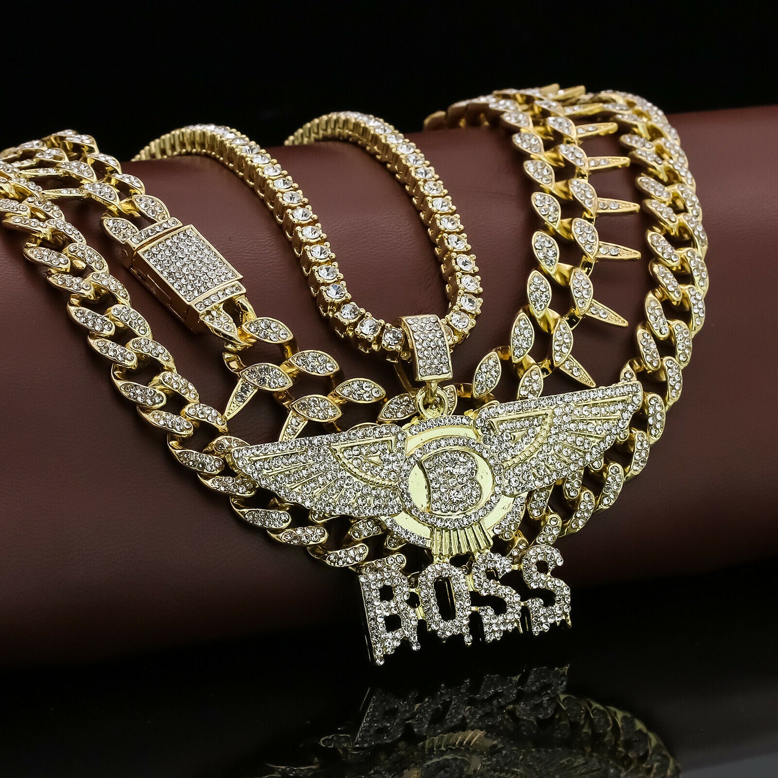 Boss Drip Letter Cz 4 Pcs Set Exotic Cuban, Tennis & Miami Cuban Chain Bundle Gold PT
