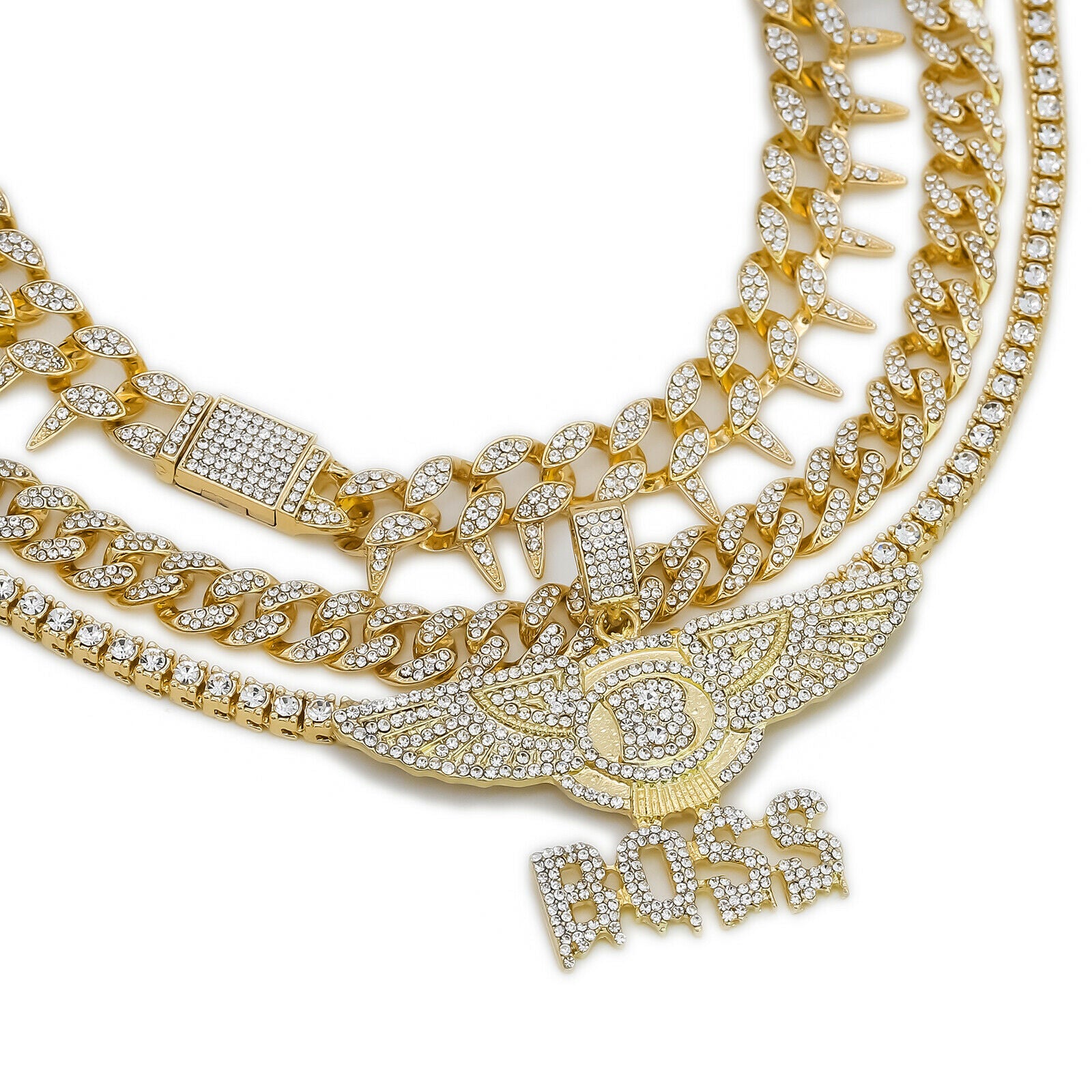 Boss Drip Letter Cz 4 Pcs Set Exotic Cuban, Tennis & Miami Cuban Chain Bundle Gold PT