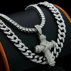3pc Men's Silver Plated Cz Thick Staple X Cross w/ Cz Cuban & Tennis Chain 18"/20"