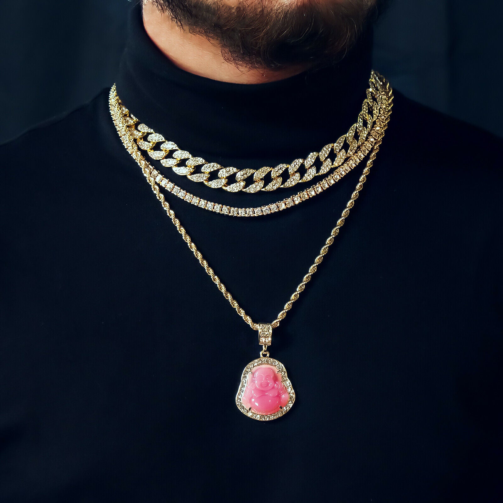Pink Buddha 4 Pcs Set Cuban, Tennis & Rope Chain Bundle Gold PT