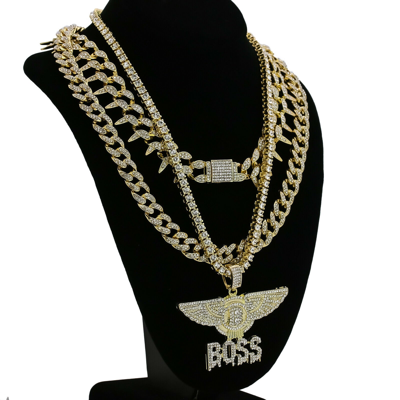Boss Drip Letter Cz 4 Pcs Set Exotic Cuban, Tennis & Miami Cuban Chain Bundle Gold PT