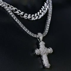 3pc Men's Silver Plated Cz Thick Staple X Cross w/ Cz Cuban & Tennis Chain 18"/20"