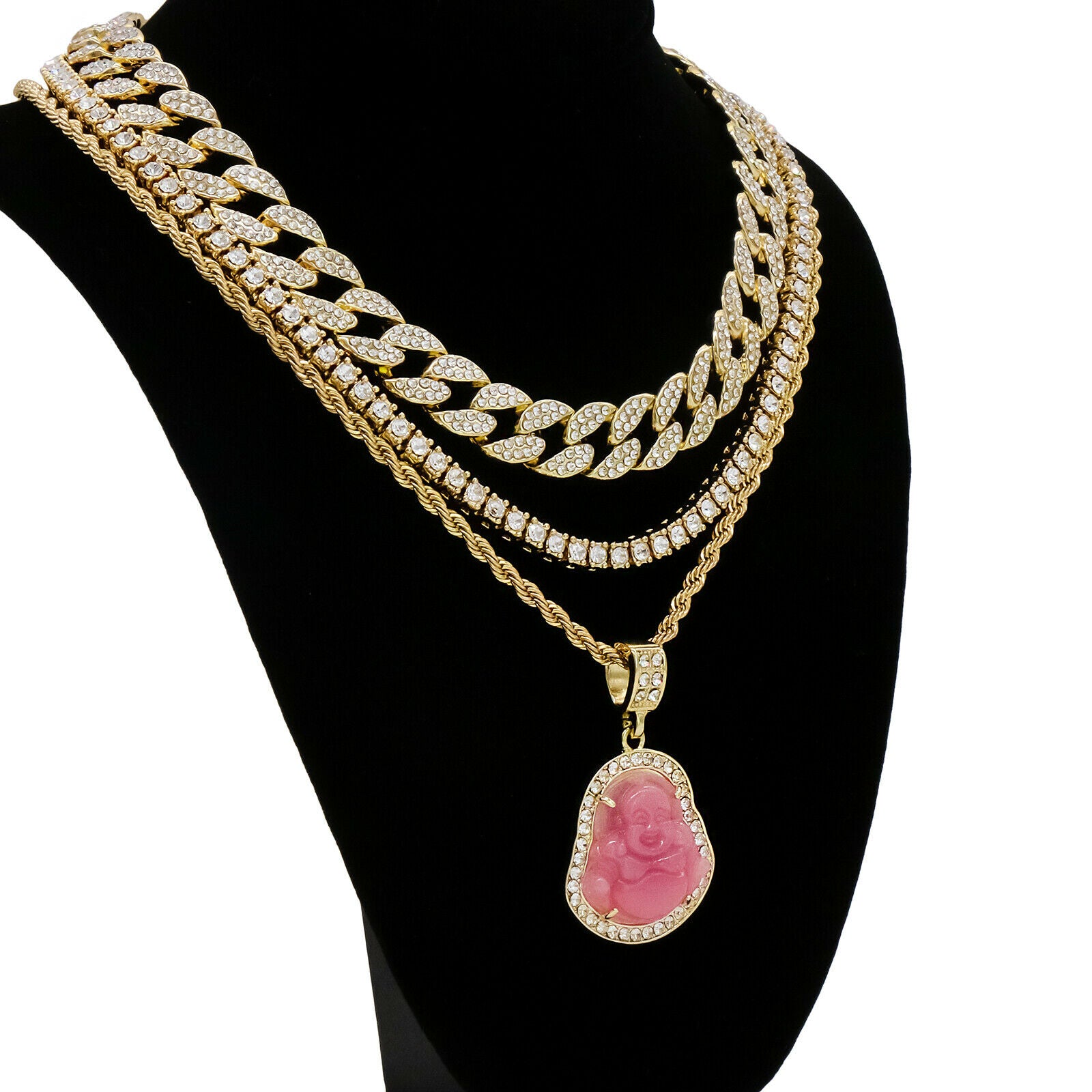 Pink Buddha 4 Pcs Set Cuban, Tennis & Rope Chain Bundle Gold PT