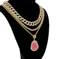 Pink Buddha 4 Pcs Set Cuban, Tennis & Rope Chain Bundle Gold PT