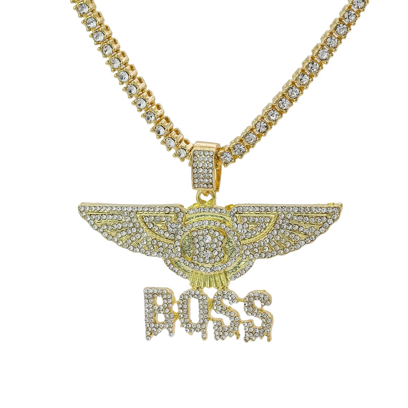 Boss Drip Letter Cz 4 Pcs Set Exotic Cuban, Tennis & Miami Cuban Chain Bundle Gold PT