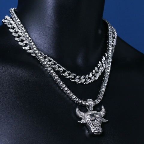 3pc Men's Silver Plated Cz Thick Layer Bull w/ Fully Cz Cuban & Tennis Chain 18"/20"