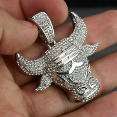 3pc Men's Silver Plated Cz Thick Layer Bull w/ Fully Cz Cuban & Tennis Chain 18"/20"