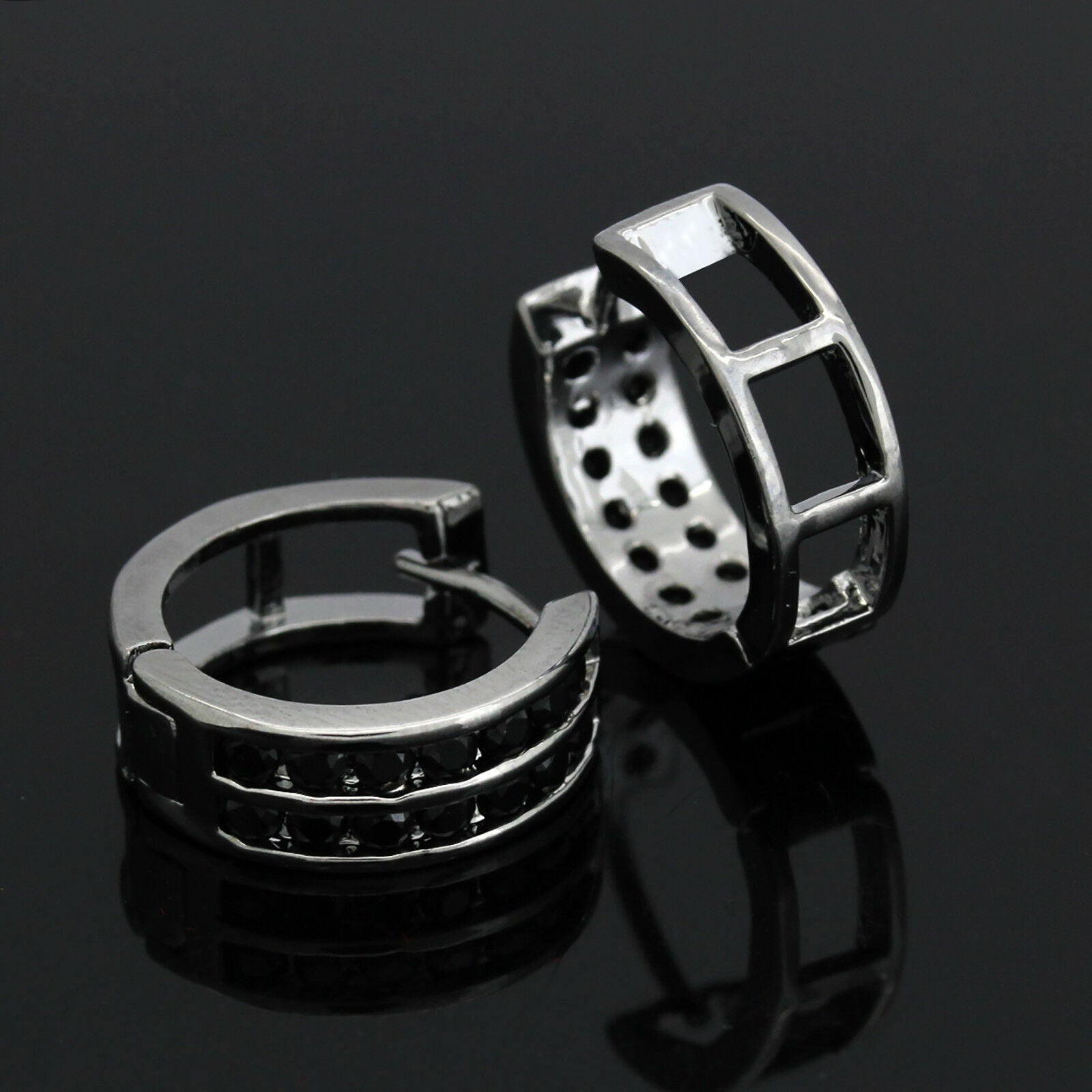 Huggie Hoop 2 Row BLACK FILLED EARRINGS
