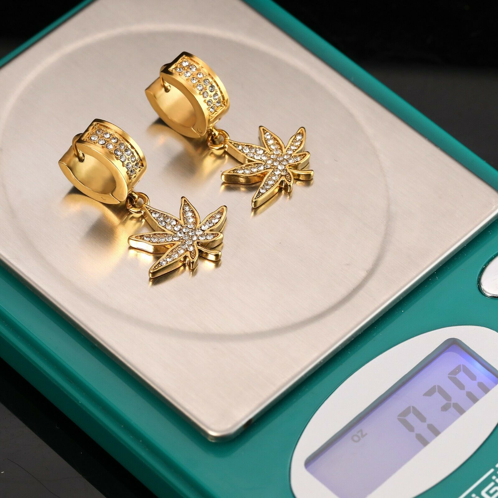 Cubic-Zirconia Gold Stainless Steal 2 Row Marijuana Huggie Hoop Dangle Earrings