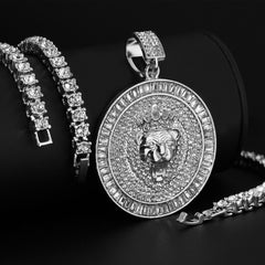 Fully Cubic-Zirconia Round Lion Pendant Silver Plated Two Tennis 18", 20" Chain