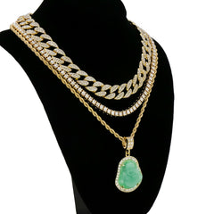 Buddha 4 Pcs Set Cuban, Tennis & Rope Chain Bundle Gold PT
