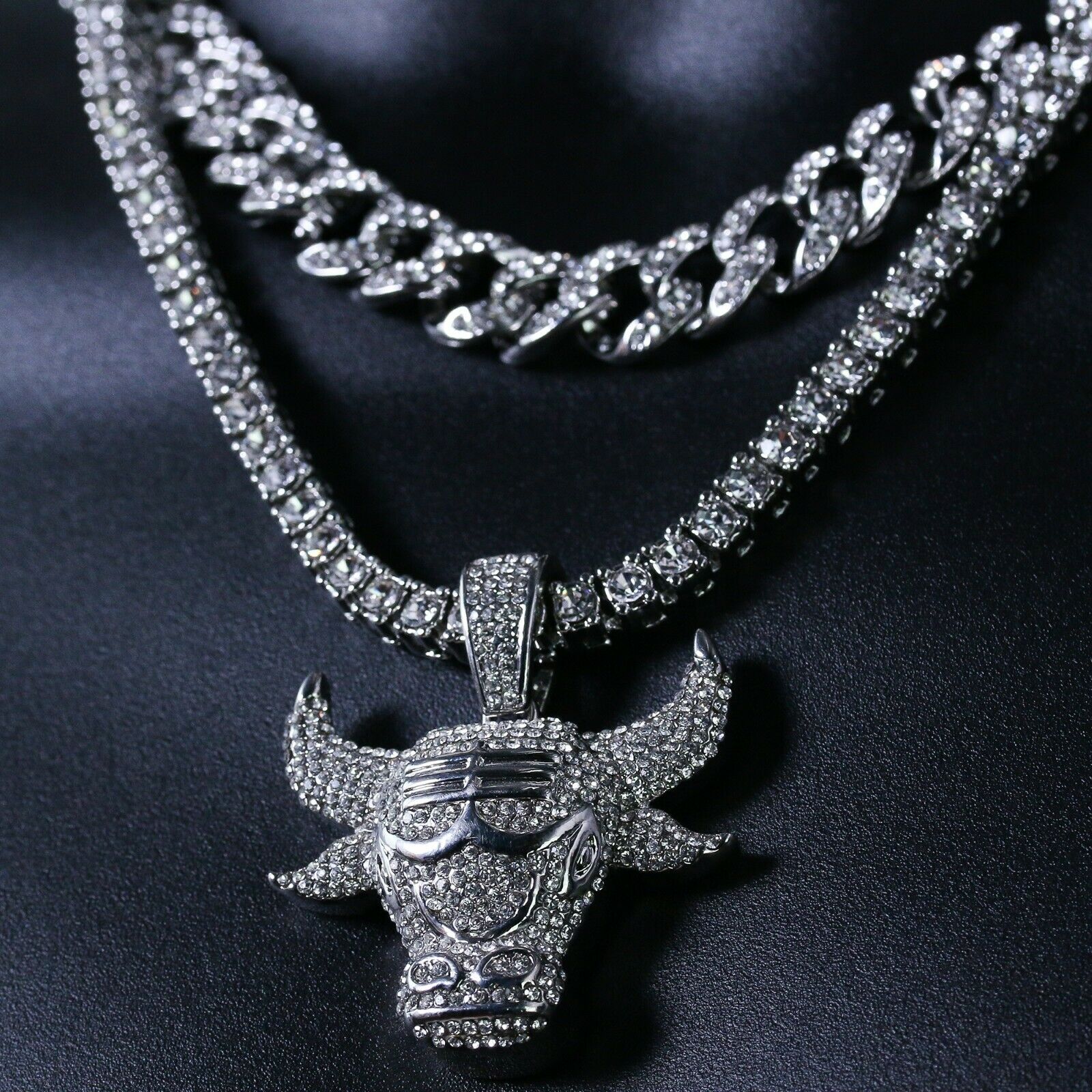 3pc Men's Silver Plated Cz Thick Layer Bull w/ Fully Cz Cuban & Tennis Chain 18"/20"