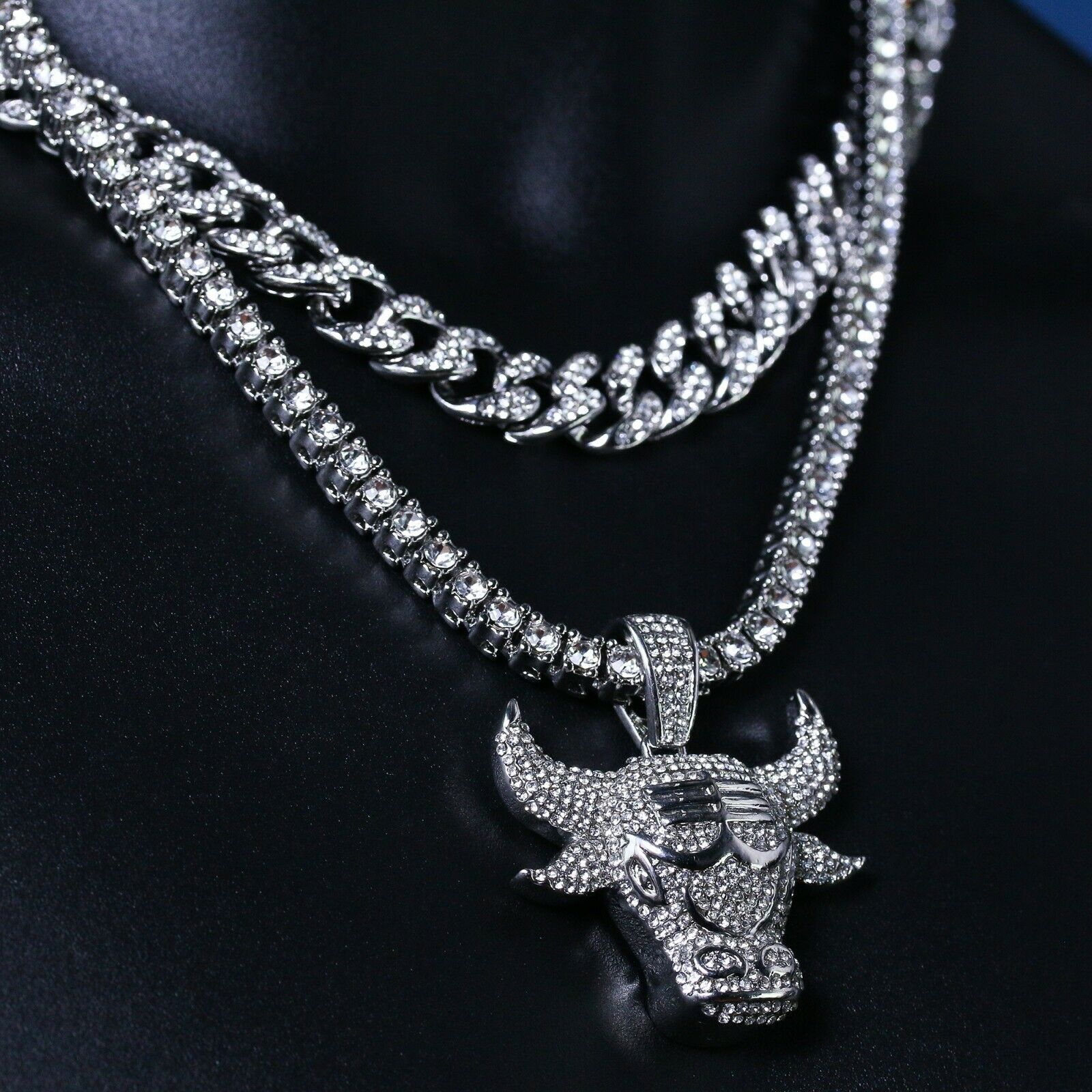 3pc Men's Silver Plated Cz Thick Layer Bull w/ Fully Cz Cuban & Tennis Chain 18"/20"