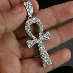 3pc Men's Silver Plated Cz Thick Layer Ankh w/ Fully Cz Cuban & Tennis Chain 18"/20"