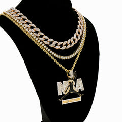 NbA Never Brock Again BL 4 Pcs Set Cuban, Tennis & Rope Chain Bundle Gold PT