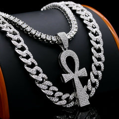 3pc Men's Silver Plated Cz Thick Layer Ankh w/ Fully Cz Cuban & Tennis Chain 18"/20"