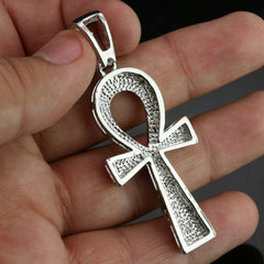 3pc Men's Silver Plated Cz Thick Layer Ankh w/ Fully Cz Cuban & Tennis Chain 18"/20"