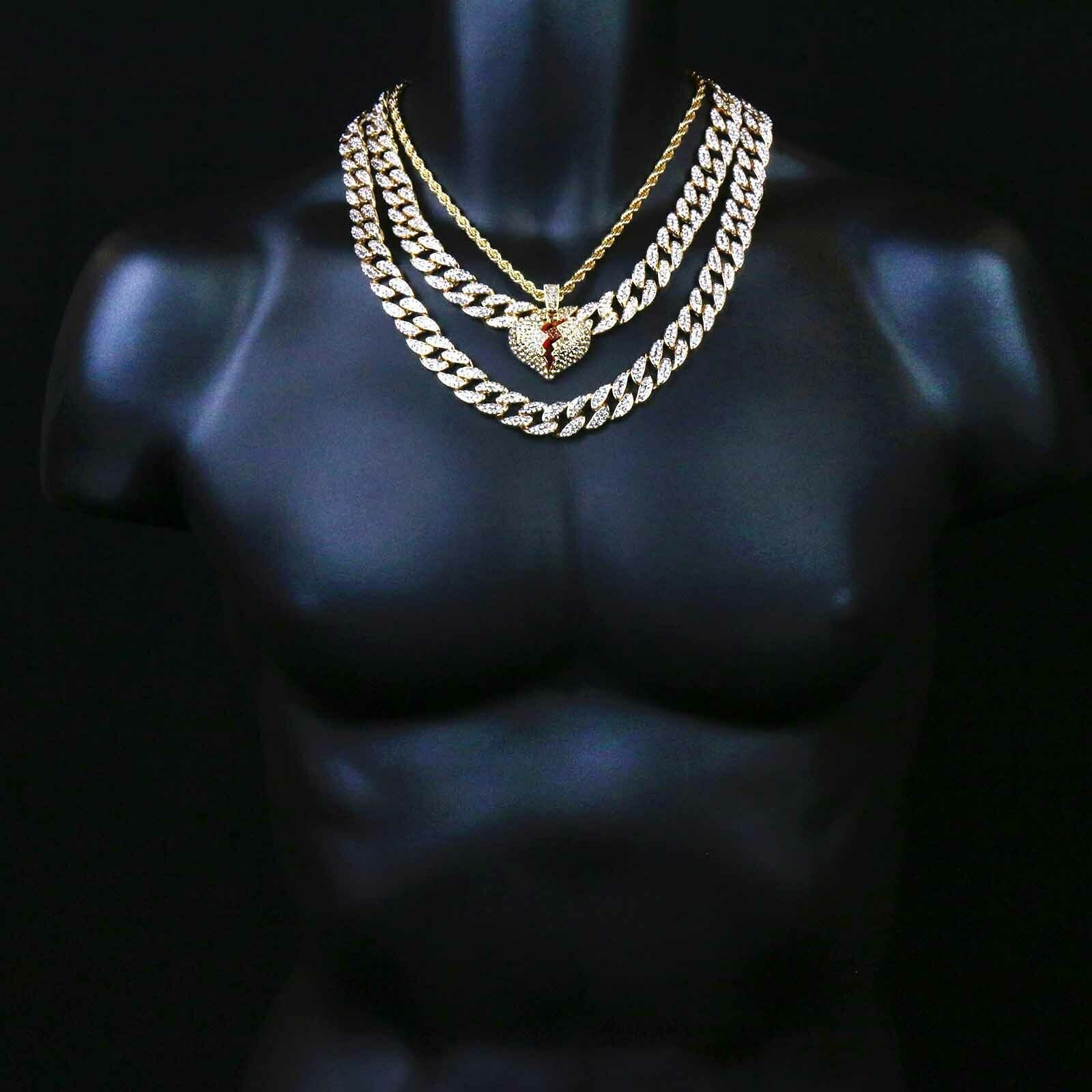 Broken Heart Pendant Roep / Cuban Iced Chain 4pcs Set