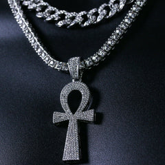 3pc Men's Silver Plated Cz Thick Layer Ankh w/ Fully Cz Cuban & Tennis Chain 18"/20"