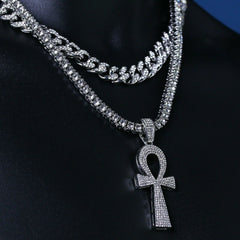 3pc Men's Silver Plated Cz Thick Layer Ankh w/ Fully Cz Cuban & Tennis Chain 18"/20"