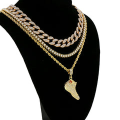 Retro 11 Shoe 4 Pcs Set Cuban, Tennis & Rope Chain Bundle Gold PT