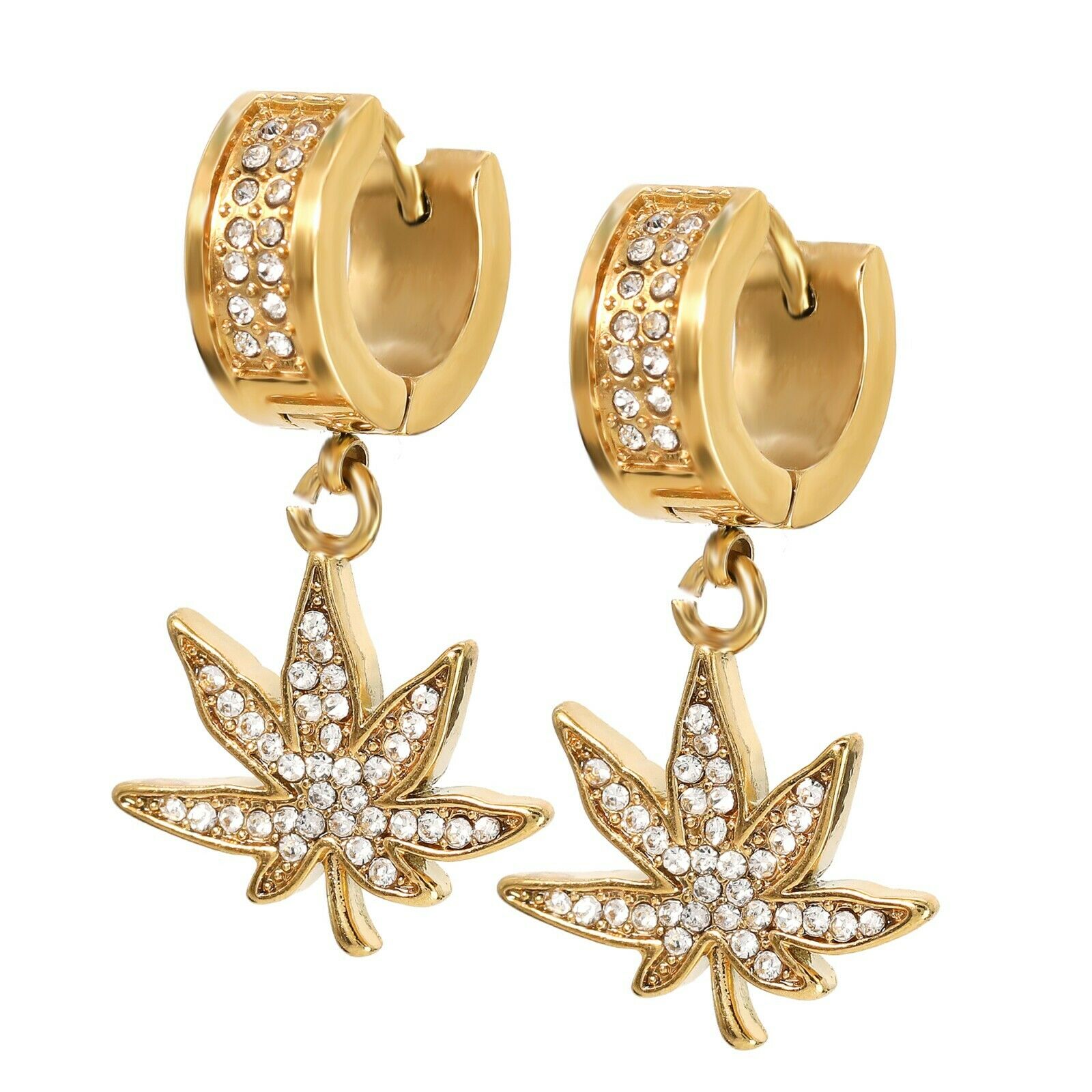 Cubic-Zirconia Gold Stainless Steal 2 Row Marijuana Huggie Hoop Dangle Earrings