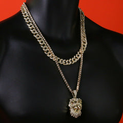 3pc Men's Gold Plated Cz Thick Lion Face w/ Cz Cuban & Thin Tennis Chain 22"/24