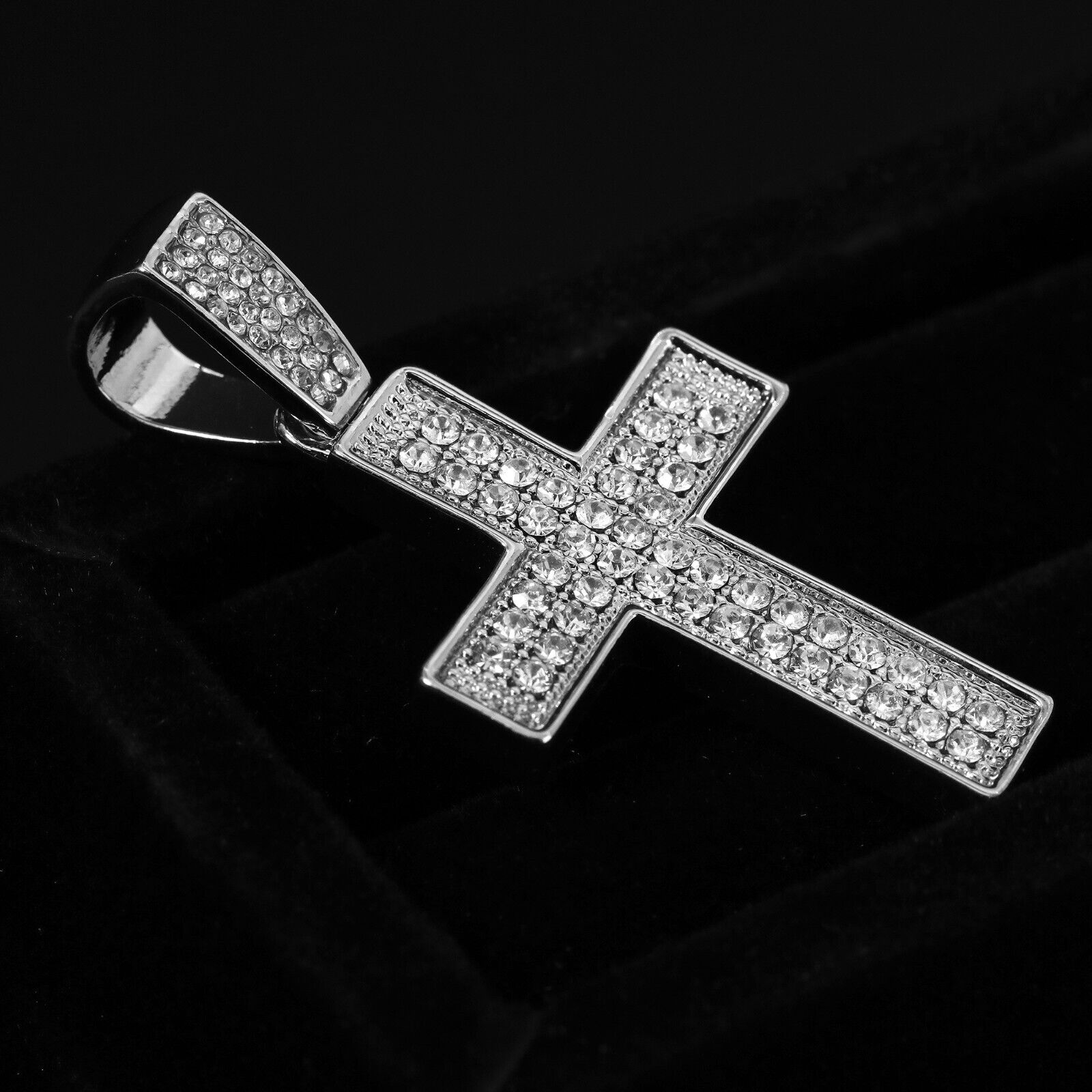 Cubic-Zirconia Two Row Cross Pendant Silver Plated Cuban Choker 18" Chain