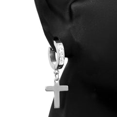 Huggie Hoop 1 Row Dangle Cross SILVER FILLED EARRINGS