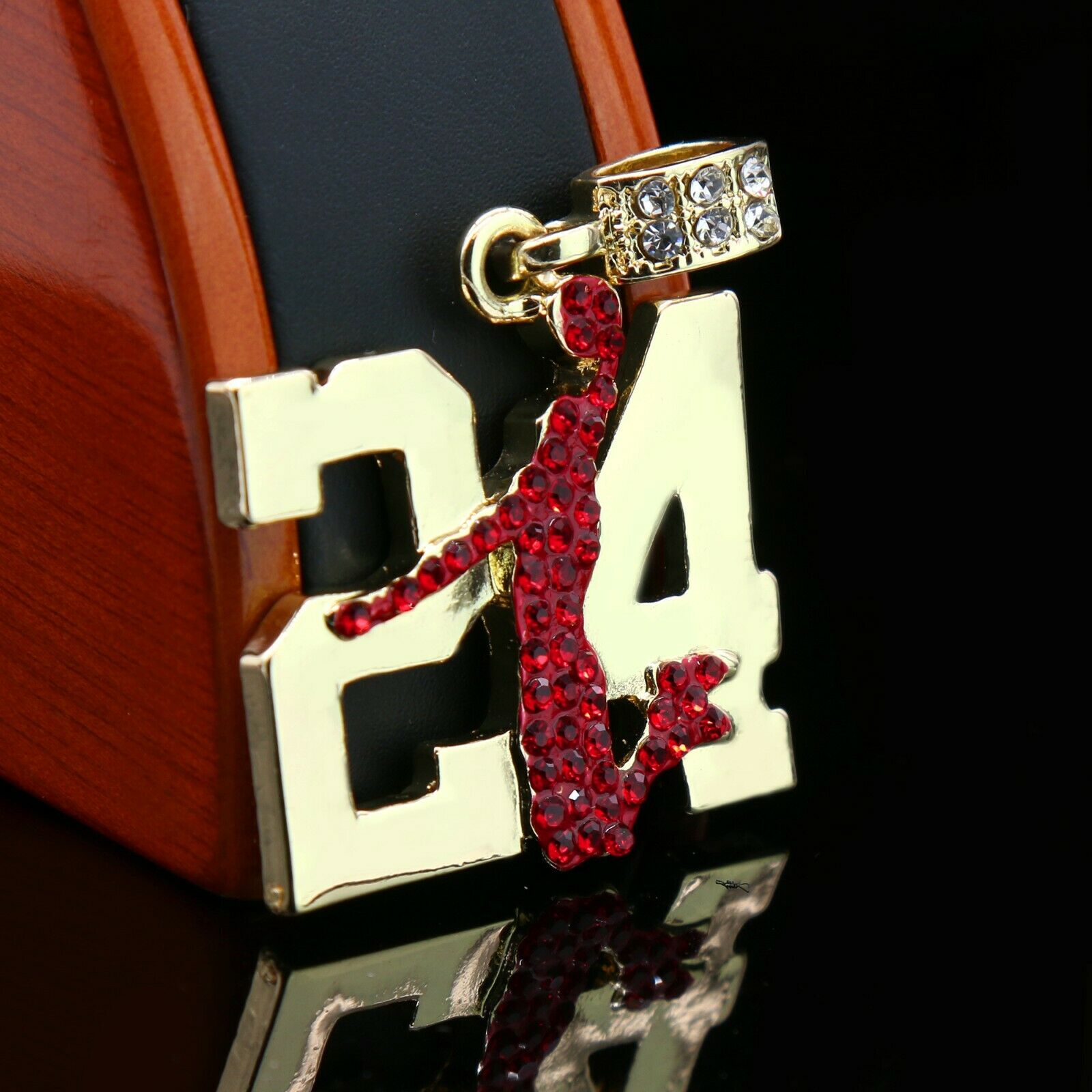 Gold / Red #24 Jump CZ Man Basketball Pendant with Rope Chain