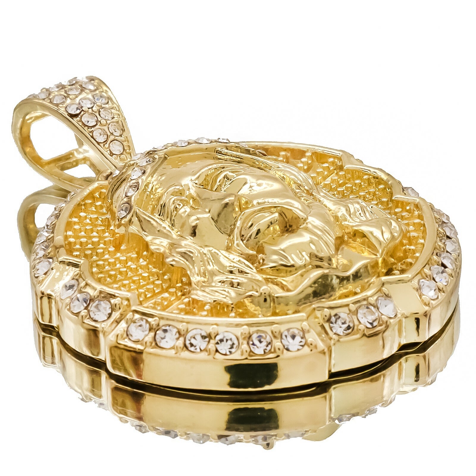 Round Jesus Piece 4 Pcs Set Clear Cz Cuban, Tennis & Rope Chain Bundle Gold PT