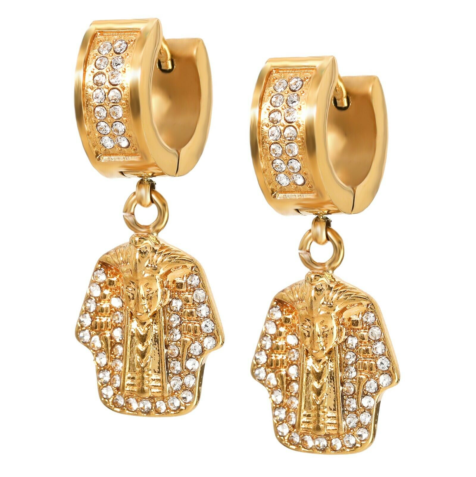 Cubic-Zirconia Gold Stainless Steal 2 Row Tiny Egypt Pharaoh Huggie Hoop Earrings