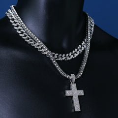 3pc Men's Silver Plated Thick Layer Cross w/ Fully Cz Cuban & Tennis Chain 18"/20"