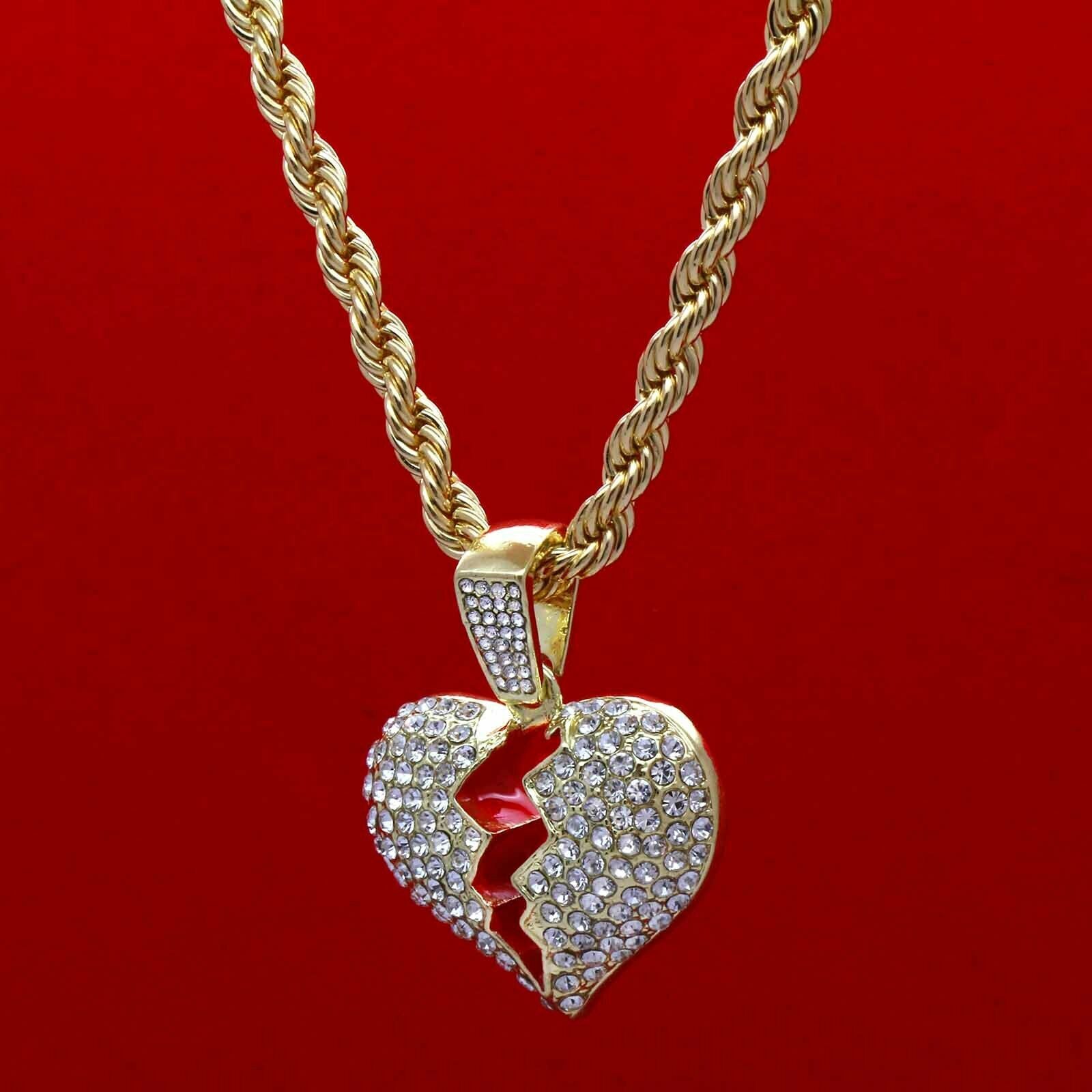 Broken Heart Pendant Roep / Cuban Iced Chain 4pcs Set