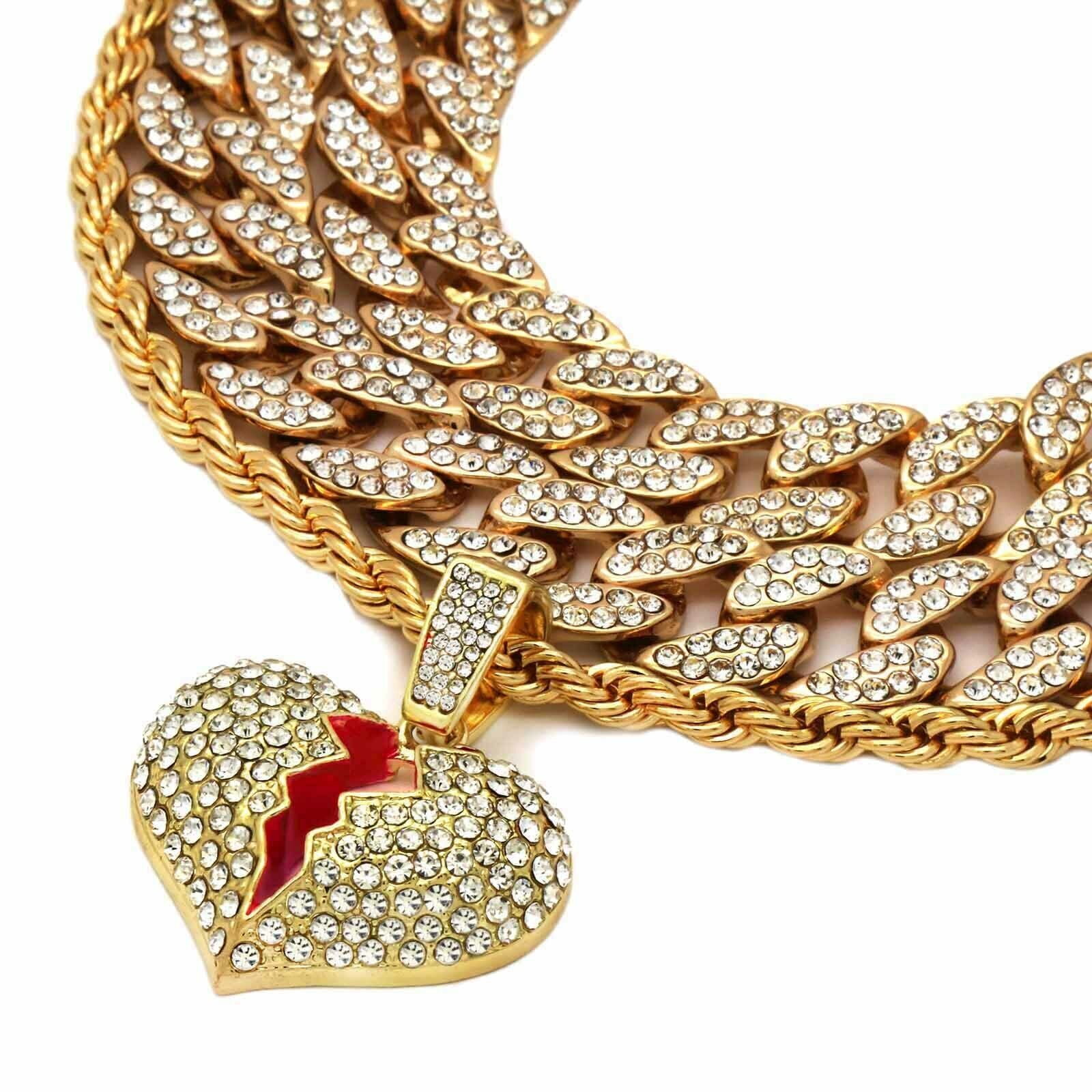 Broken Heart Pendant Roep / Cuban Iced Chain 4pcs Set