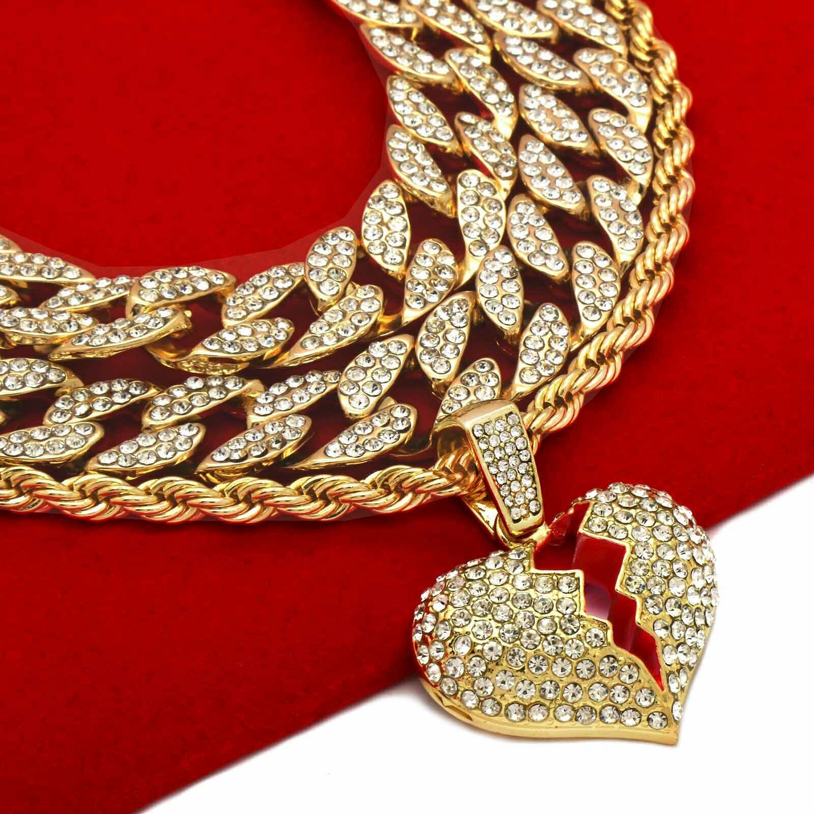 Broken Heart Pendant Roep / Cuban Iced Chain 4pcs Set