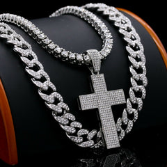 3pc Men's Silver Plated Thick Layer Cross w/ Fully Cz Cuban & Tennis Chain 18"/20"