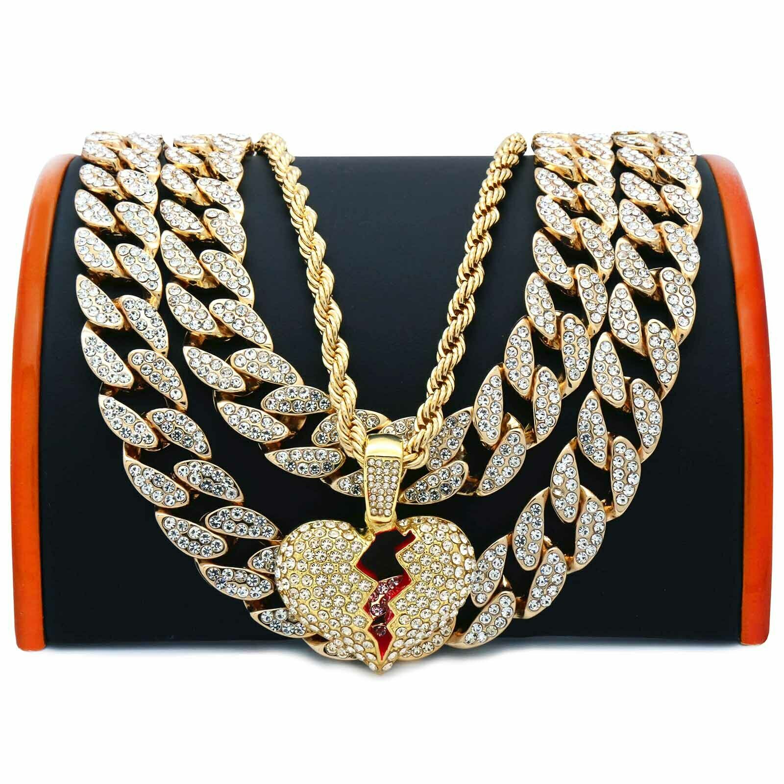 Broken Heart Pendant Roep / Cuban Iced Chain 4pcs Set